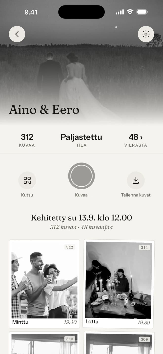 Vedos-sovelluksen paljastettu esimerkkialbumi: Aino & Eero, 48 vierasta ja 312 kuvaa.