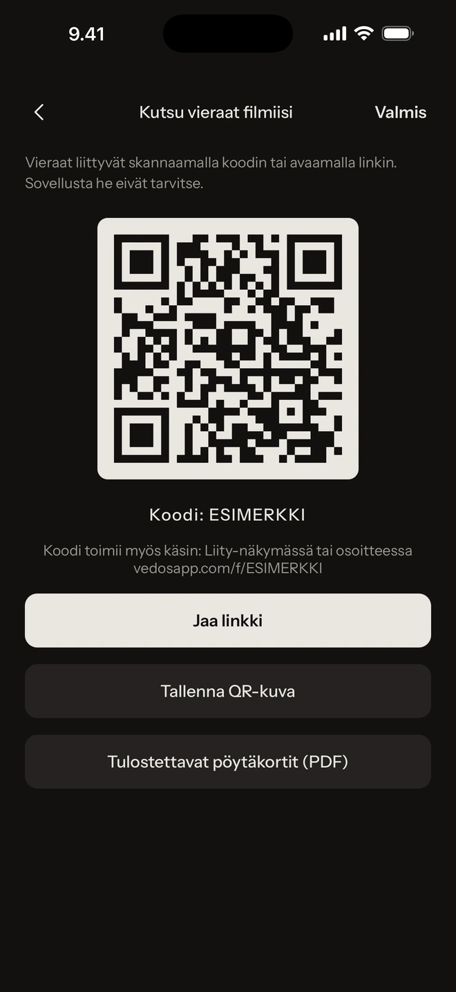 Sovelluksen kutsunäkymä: QR-koodi ja painike kutsulinkin jakamiseen. Koodi on esimerkki.